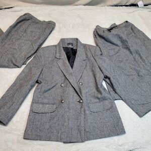 Vintage L.J.L. Sport Black White Houndstooth Wool Suit Jacket Pants Skirt Set 10